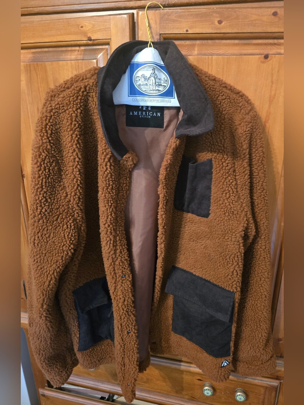 American Stitch Men's Brown Sherpa Jacket with Dark Contrast Trim